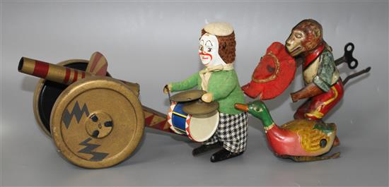 Three old tinplate clockwork toys and a tinplate cannon